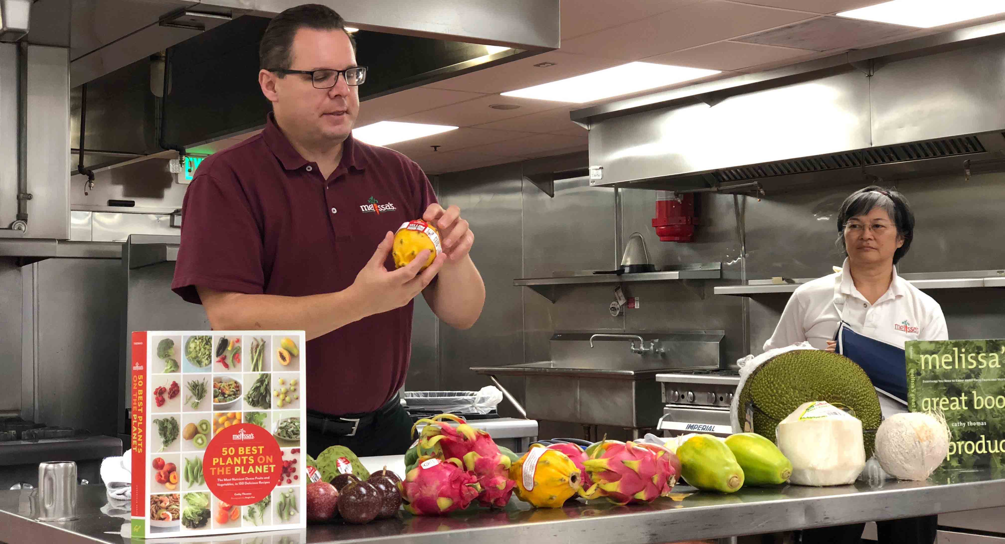 Robert Schueller presents exotic fruits from Melissa's Produce at ICE LA.