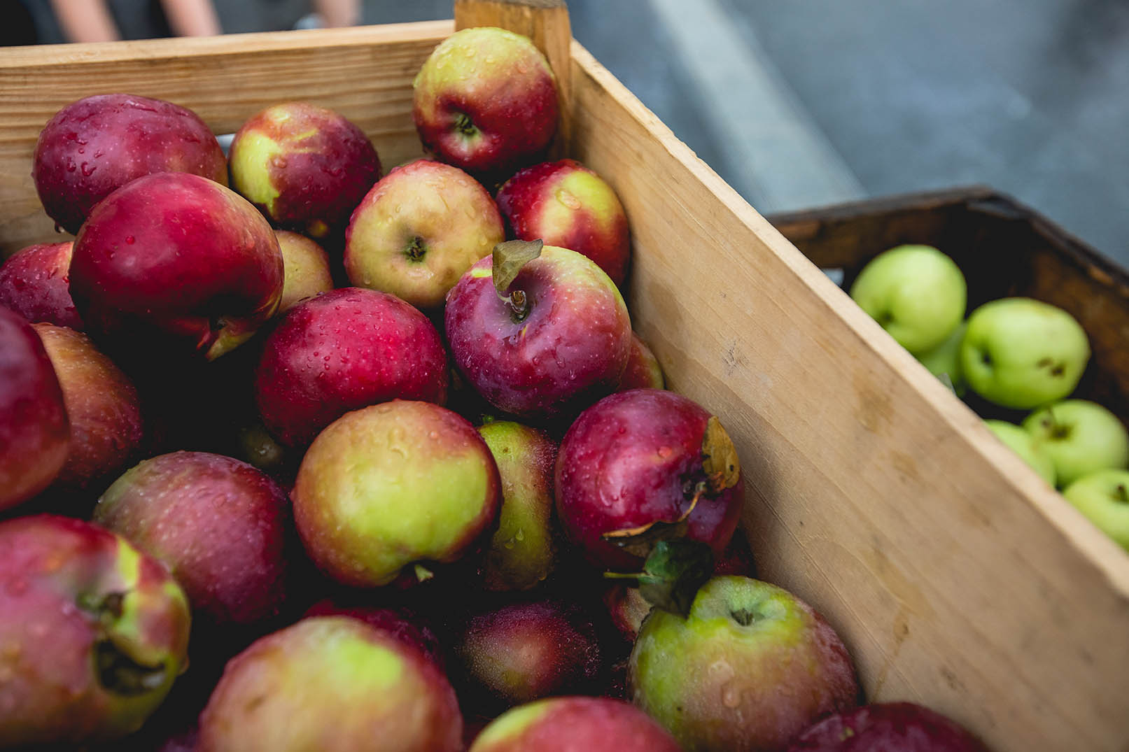 Local apples are available in crates at the Greenmarket at Oculus Plaza.