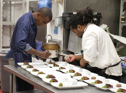 Chef Mike and Marcus Samuelsson in the kitchen.