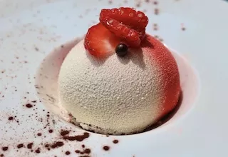 A red and white plated dessert sphere sits on a white plate