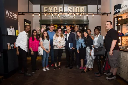 ICE Hospitality Management students gather for a group photo during their field trip to the Ace Hotel in New York City