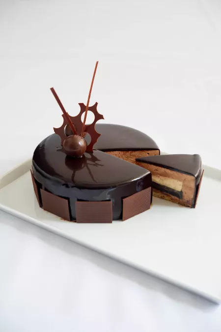 A decadent chocolate entremet cake with chocolate decoration at the Institute of Culinary Education