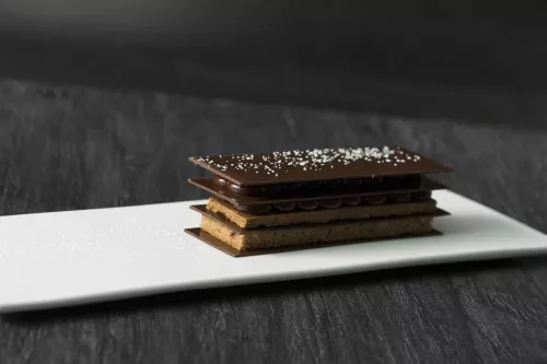A layered chocolate dessert made by chef Michael Laiskonis at the Institute of Culinary Education