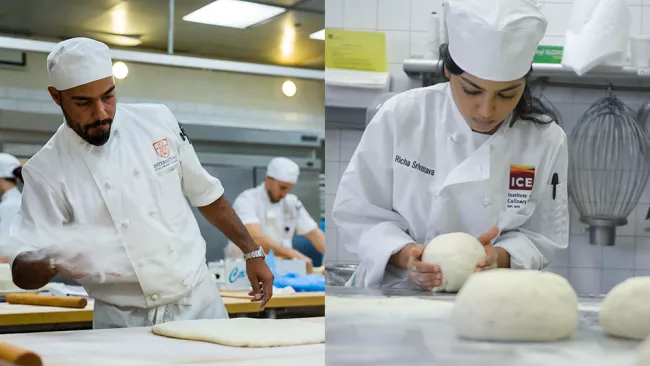 ICC student and ICE student each working with dough
