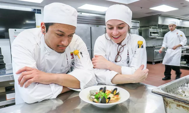 Culinary school students in class at the Institute of Culinary Education Los Angeles campus