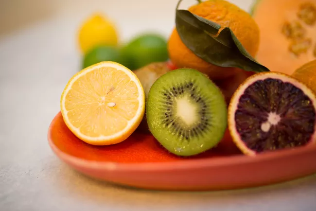 Lemon, kiwi, grapefruit and cantaloupe make a colorful dish.