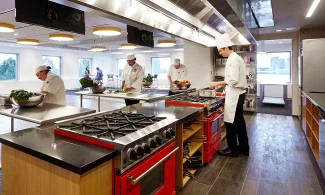 The demo kitchen with BlueStar ovens and ranges at the Institute of Culinary Education