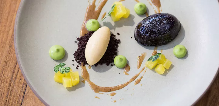 Smoked chocolate mousse with avocado and jerk pineapple by Greg Mosko