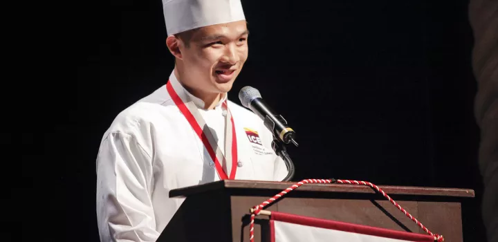 Matthew Leung (Culinary, '19) spoke at the Los Angeles campus' first commencement ceremony. He took a position at The French Laundry.