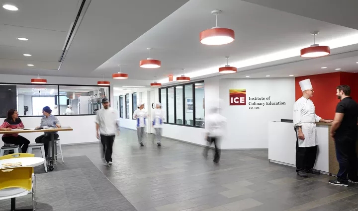 ICE students, instructors and staff pass through the lobby of the Institute of Culinary Education in New York City